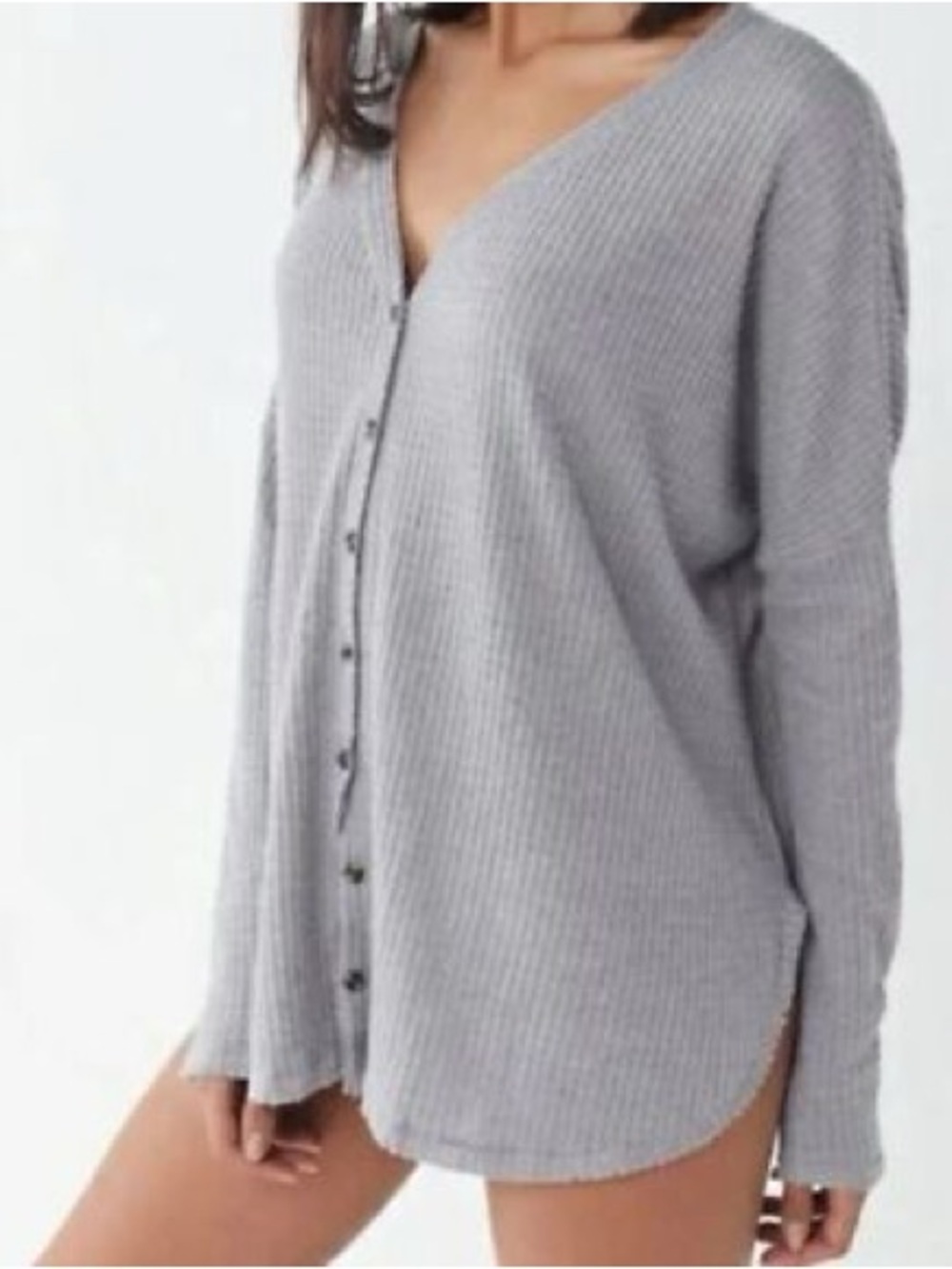 Out From Under Urban Outfitters Light Gray Waffle-Knit Button Front Top S/M